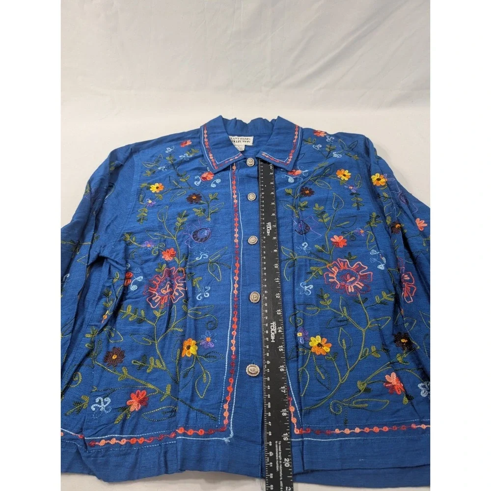 Vtg Tantrums Collection Metal Button‎ Front Shirt Silk Blend Floral Embroidery M